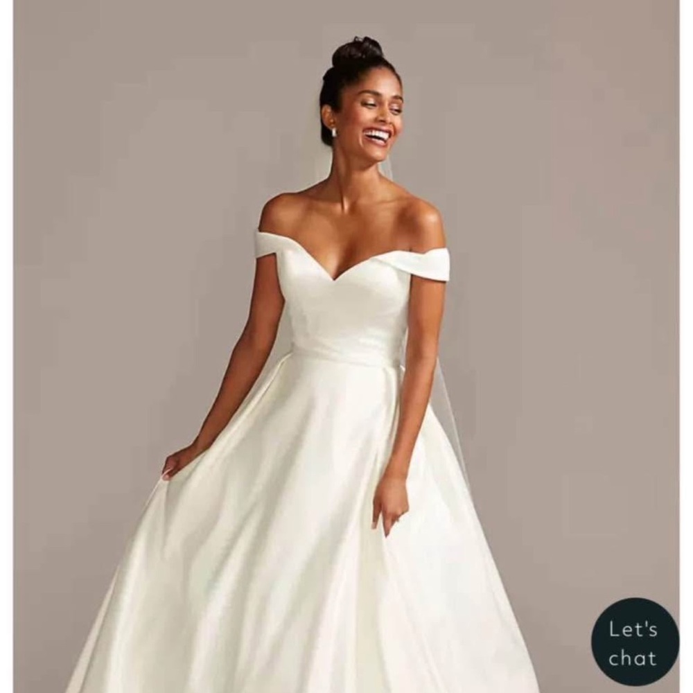Wedding Dress David's Bridal Off-Shoulder Cream Satin Gown - Picture 7 of 8
